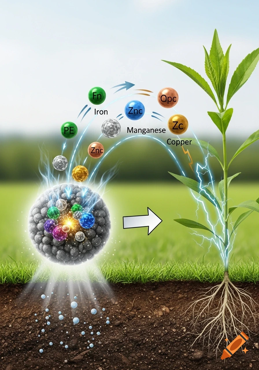 An illustration showing a fertilizer granule releasing nutrients like iron, zinc, manganese, and copper into the soil, which are absorbed by a young plant's roots, with lightning bolts representing energy transfer.