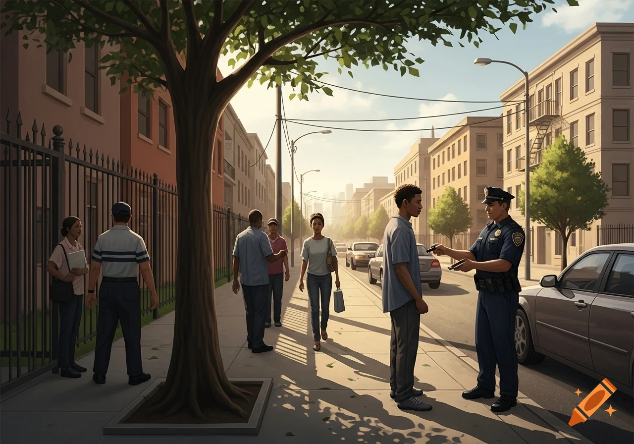 An illustration of a police officer checking a young man on a sunny urban sidewalk, while others walk past and cars line the street.
