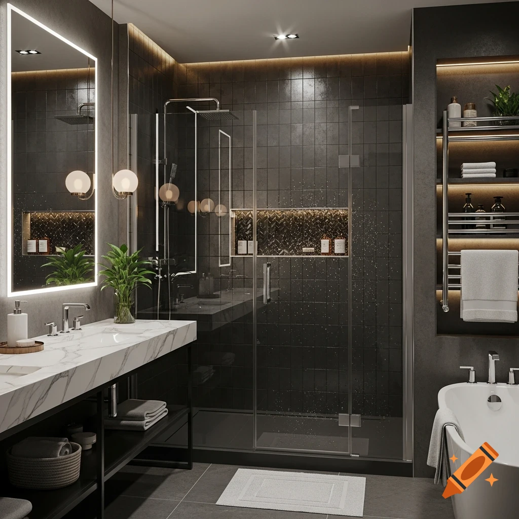 Photorealistic image of a sleek modern bathroom with dark tiles, a glass shower, marble vanity, and a white bathtub.