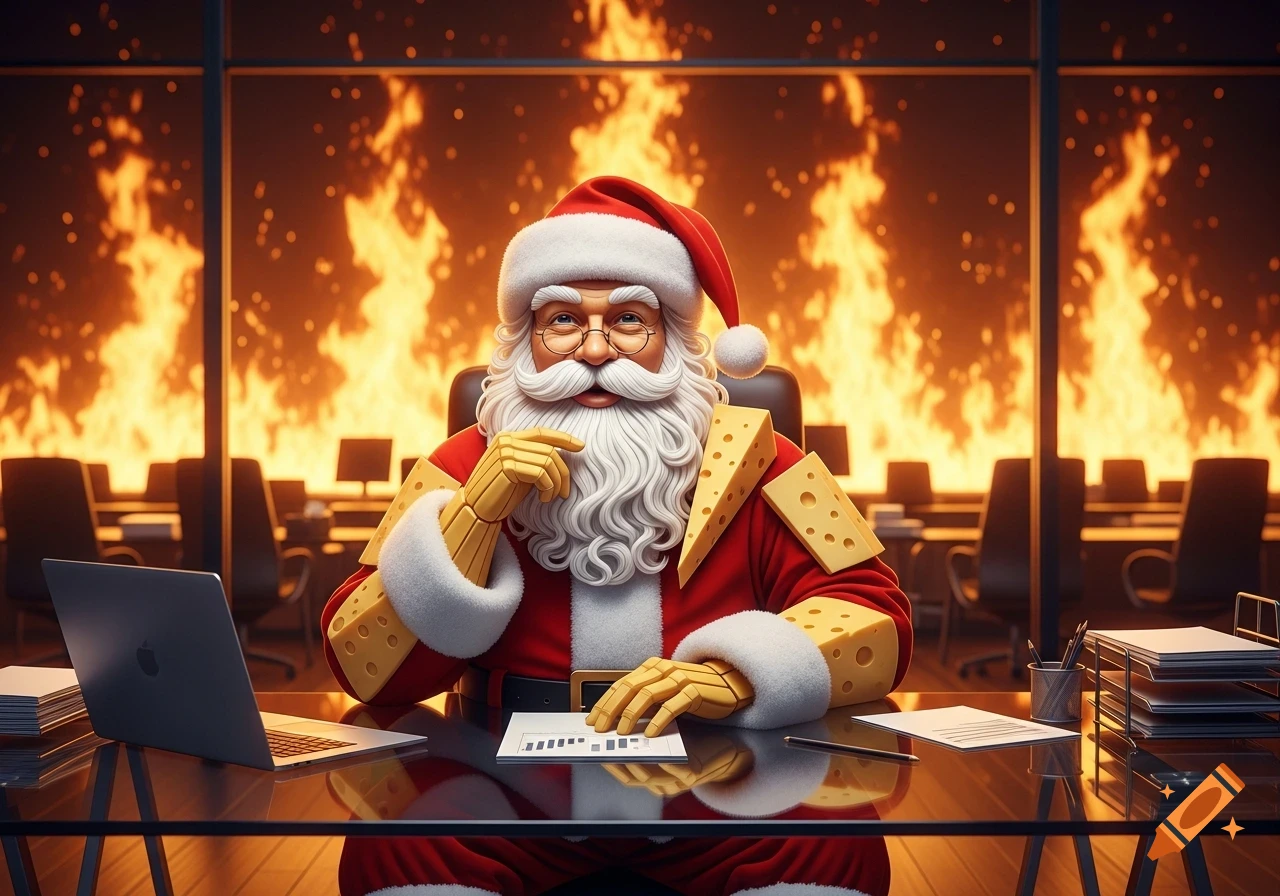 Santa Claus, partially made of cheese, sits at an office desk with flames visible outside the window.