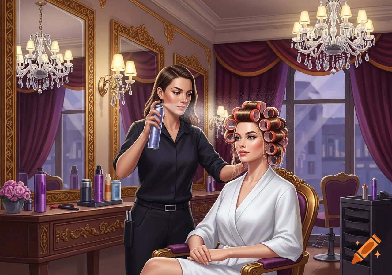 A woman with hair rollers gets her hair sprayed by a stylist in a luxurious beauty salon.
