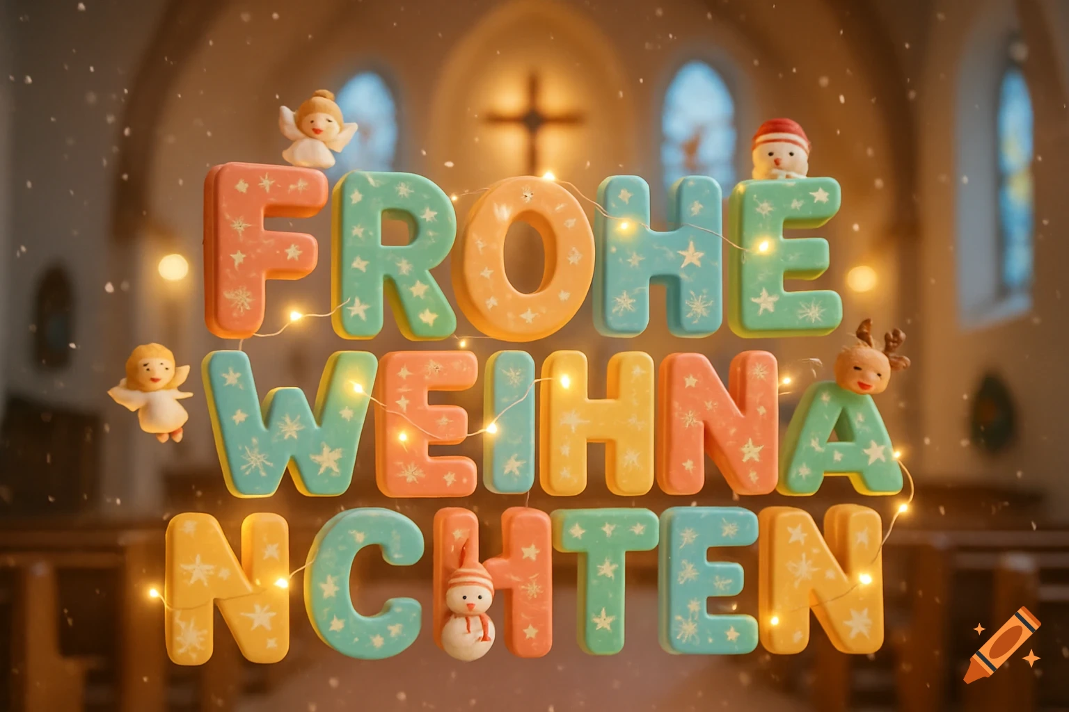 Colorful 3D text 'FROHE WEIHNACHTEN' (Merry Christmas) with angels, a snowman, and a reindeer, string lights, and falling snow in a blurry church interior.