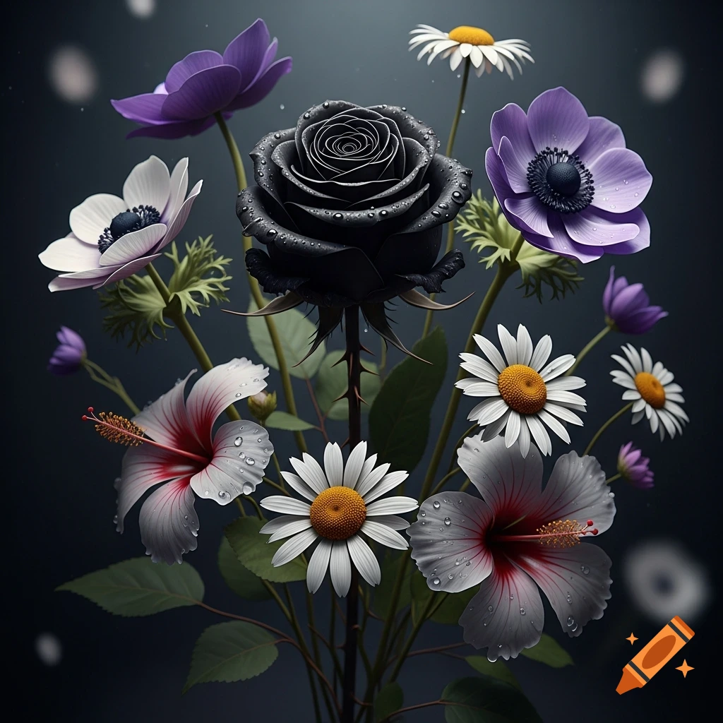 A hyper-realistic bouquet with a black rose, purple and white anemones, hibiscus, and daisies with water droplets on a dark background.