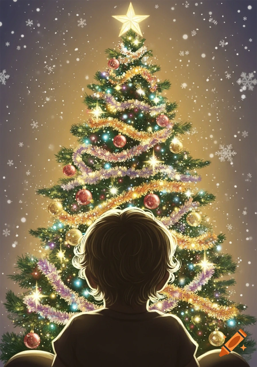 Child from behind gazing at a brightly lit Christmas tree with falling snowflakes, in a warm, illustrative style.