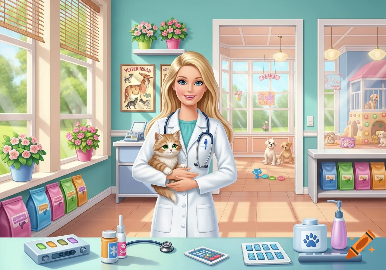 A smiling blonde Barbie-like veterinarian in a white lab coat holds a fluffy ginger kitten in a bright, colorful veterinary clinic with puppies playing in the background.