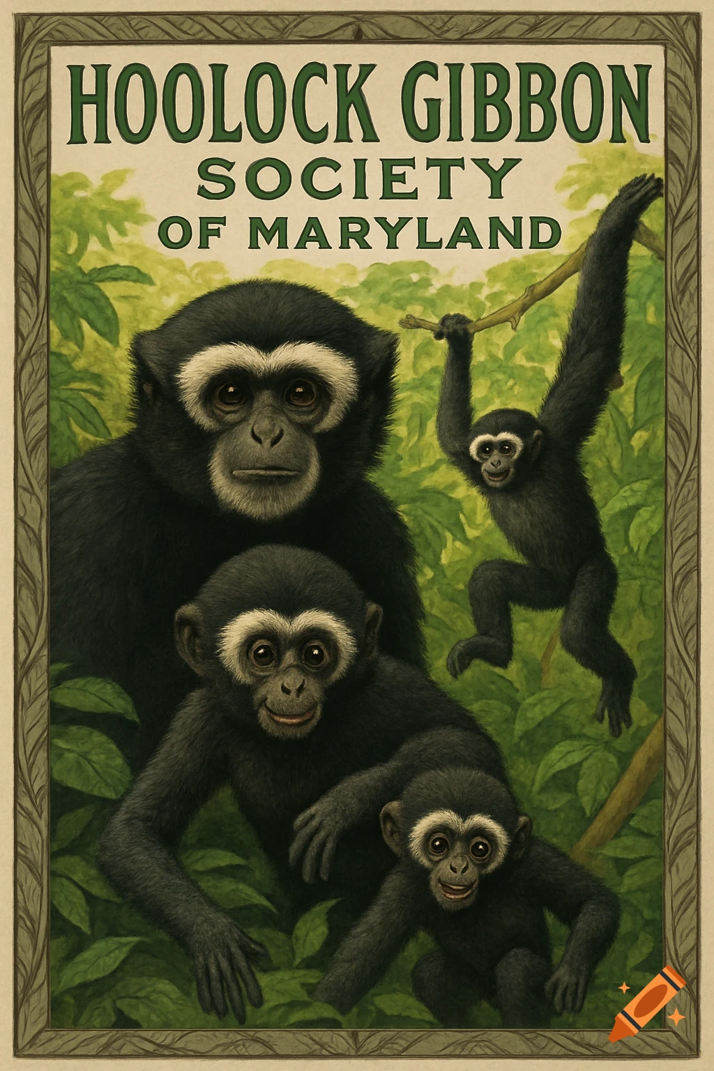 A vintage poster featuring an adult Hoolock Gibbon and two young gibbons in a lush jungle, with the title 'Hoolock Gibbon Society of Maryland'.