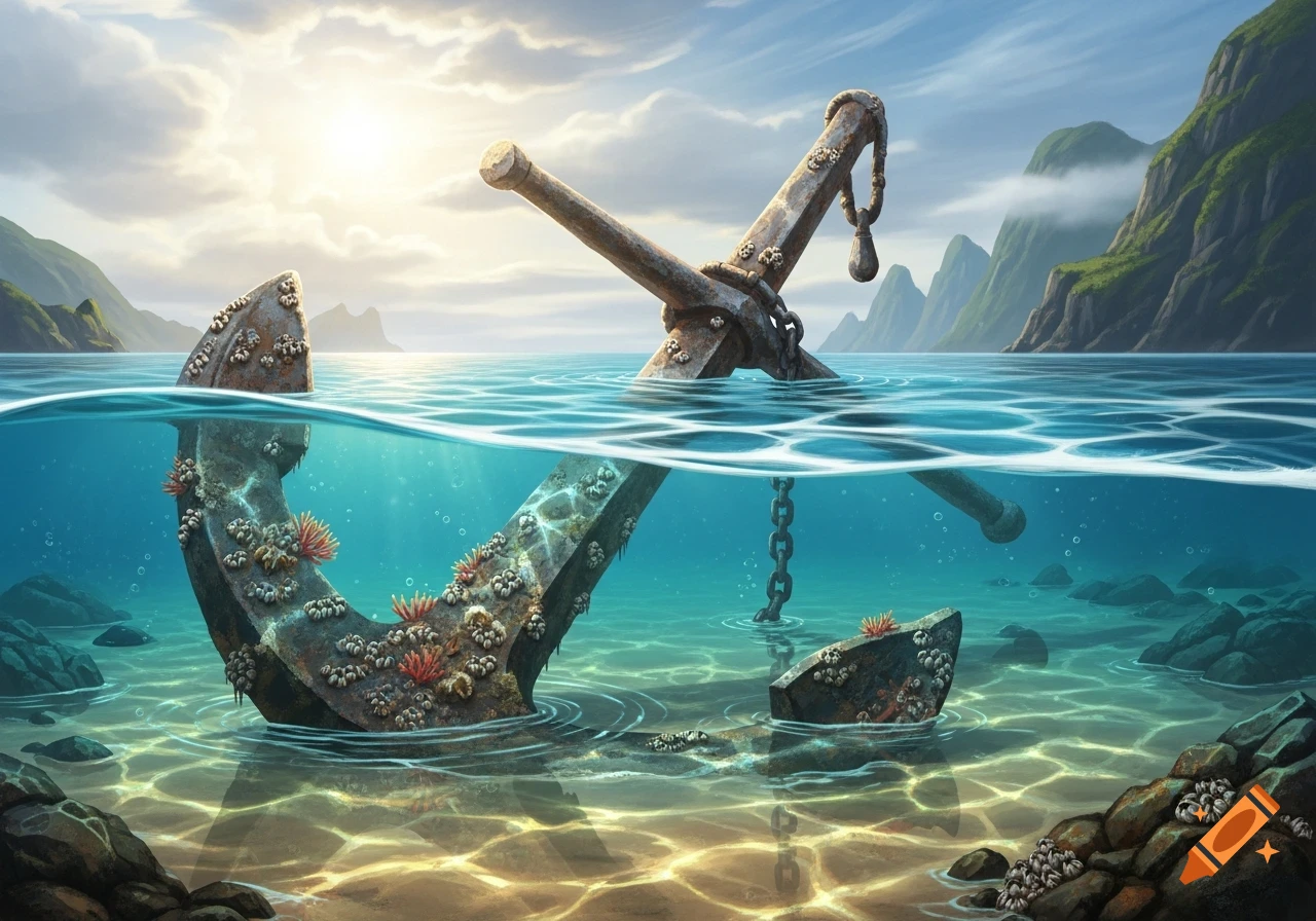 A large, old anchor covered in barnacles and coral, partially submerged in clear blue ocean water with coastal mountains under a sunny sky.
