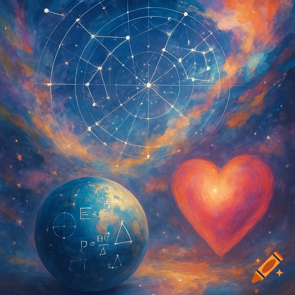 Blue planet with equations, glowing red heart, and constellation map against a colorful cosmic sky.