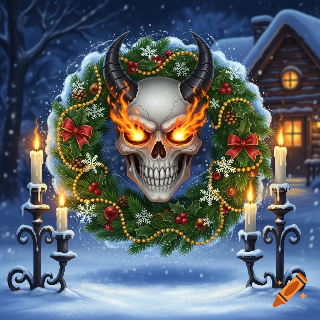 A stylized horned skull with fiery eyes centered in a Christmas wreath, flanked by lit candles in a snowy winter scene.