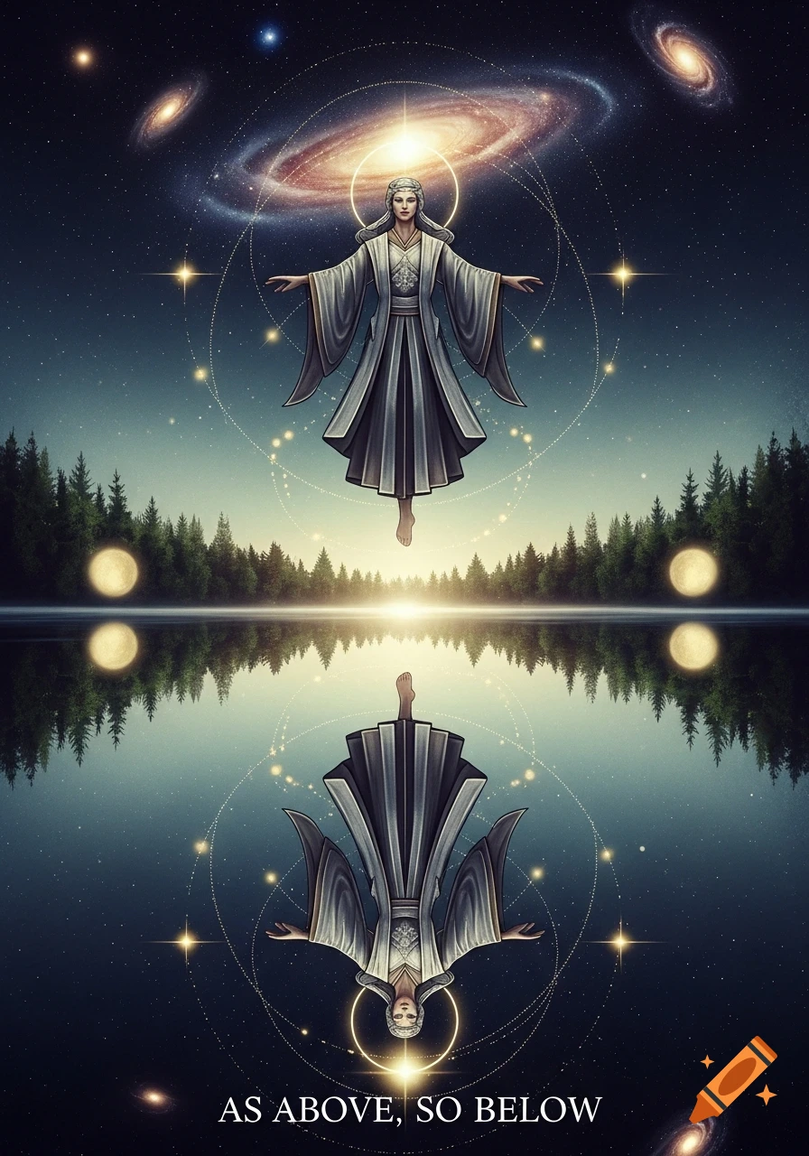 An ethereal robed figure floats between a galaxy-filled night sky and a reflective lake, mirrored below, with 'AS ABOVE, SO BELOW' text.