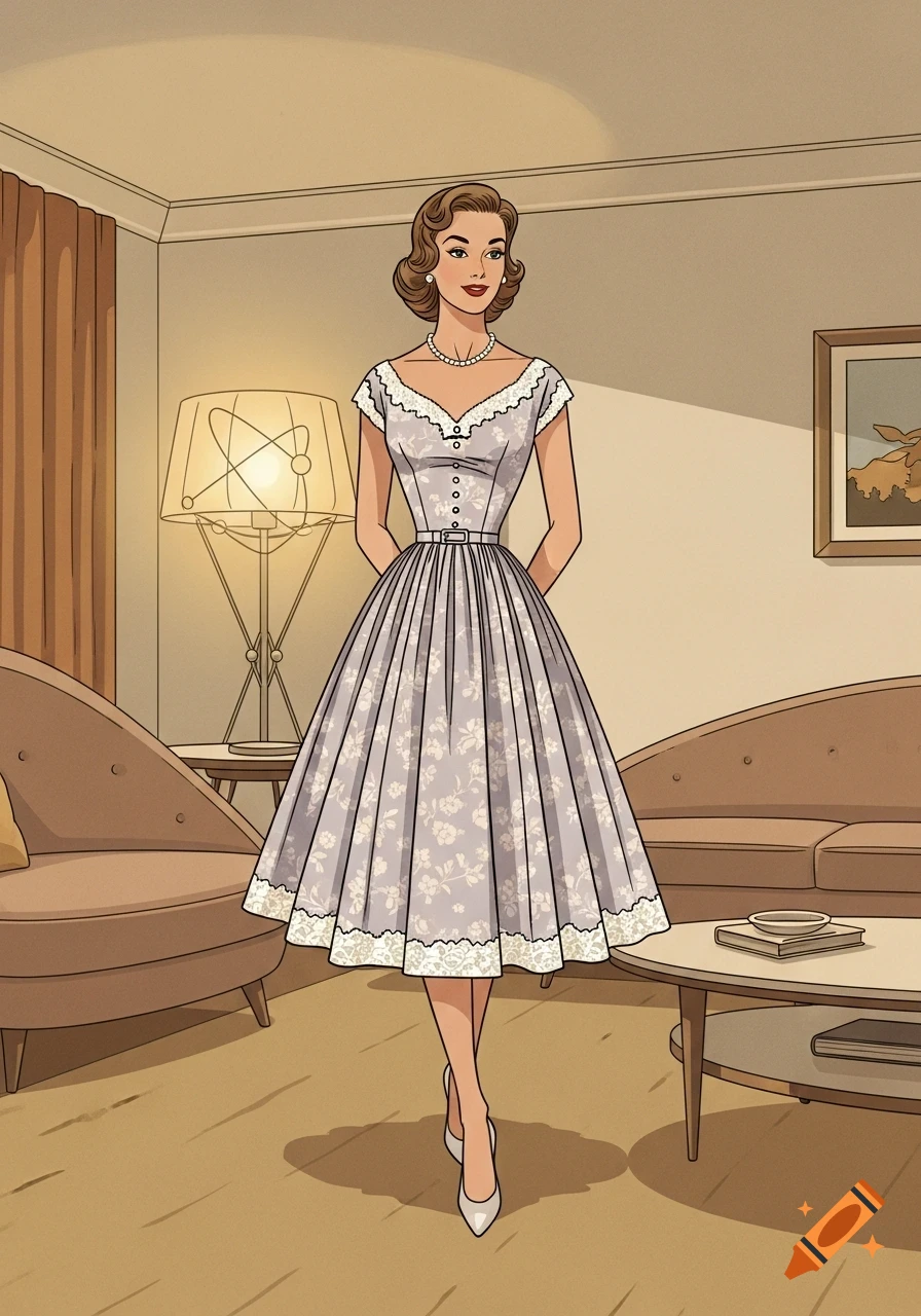 An illustration of a woman in a grey floral 1950s dress standing in a retro living room.