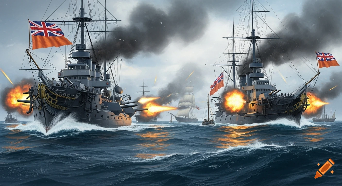 A cinematic depiction of an 1896 naval battle in Zanzibar, with British warships firing cannons amidst smoke on a stormy sea.