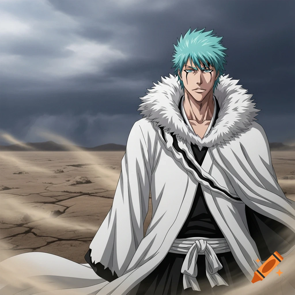 Anime character Grimjoww from Bleach with blue hair, black facial markings, and a white fur-collared cape, stands stoically in a desert.