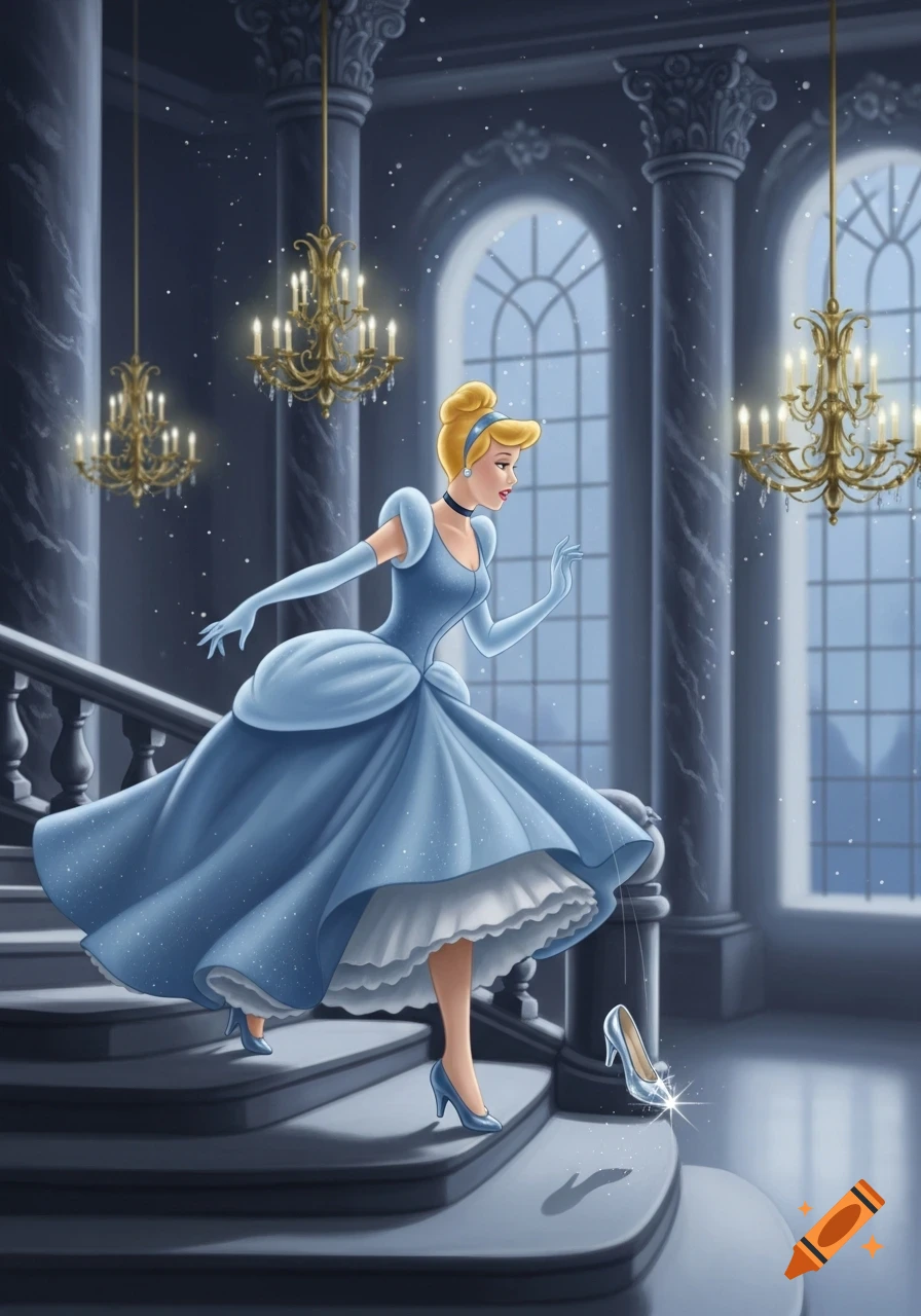 Cinderella, in a blue ballgown, runs down a grand staircase at night, losing a sparkling glass slipper.