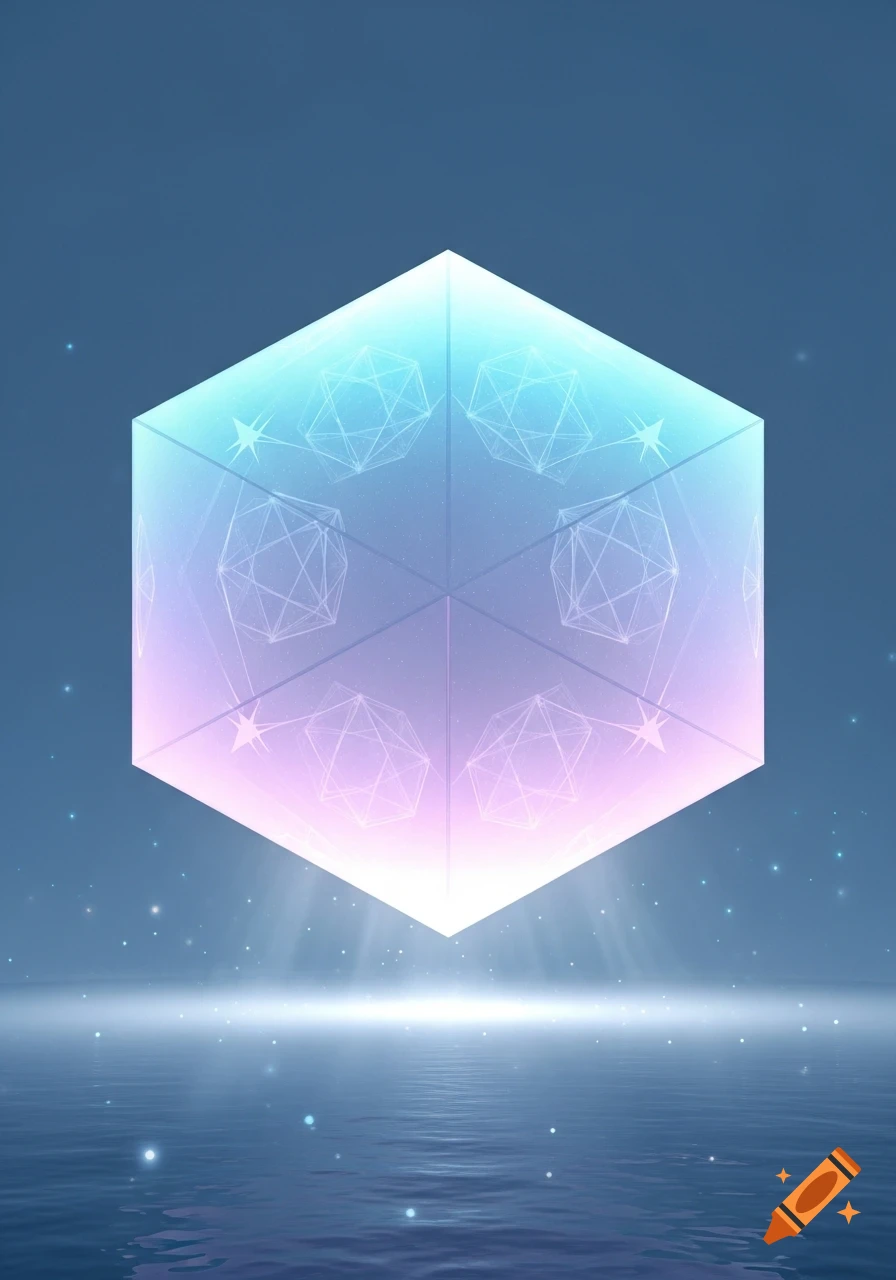 A glowing pink and blue gradient cube with geometric patterns floats above dark water, emitting light rays.