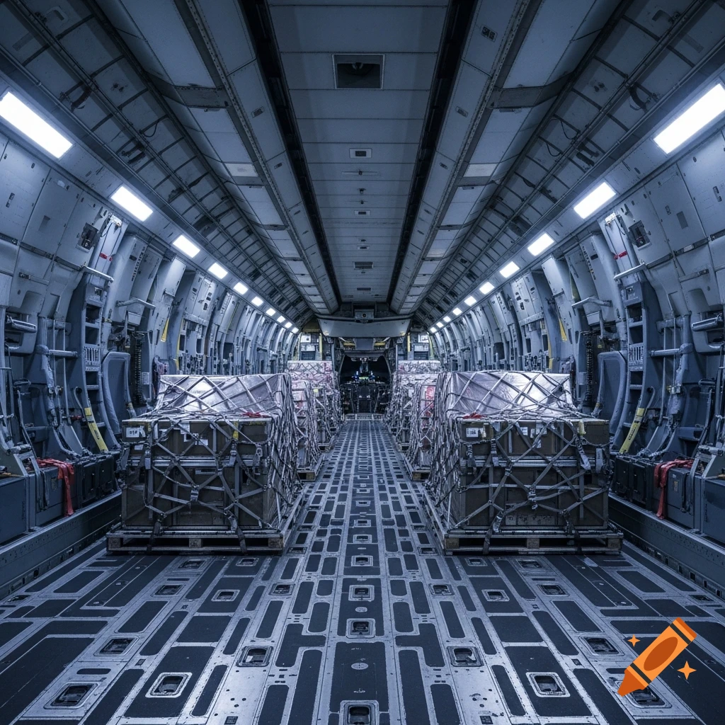 Interior view of a large cargo plane, with stacks of crated goods lining both sides of a central aisle.