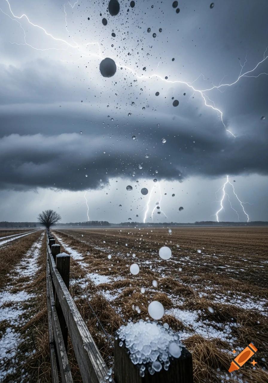 A dramatic stormy sky with multiple lightning strikes over a rural field and wooden fence, with large hail falling.