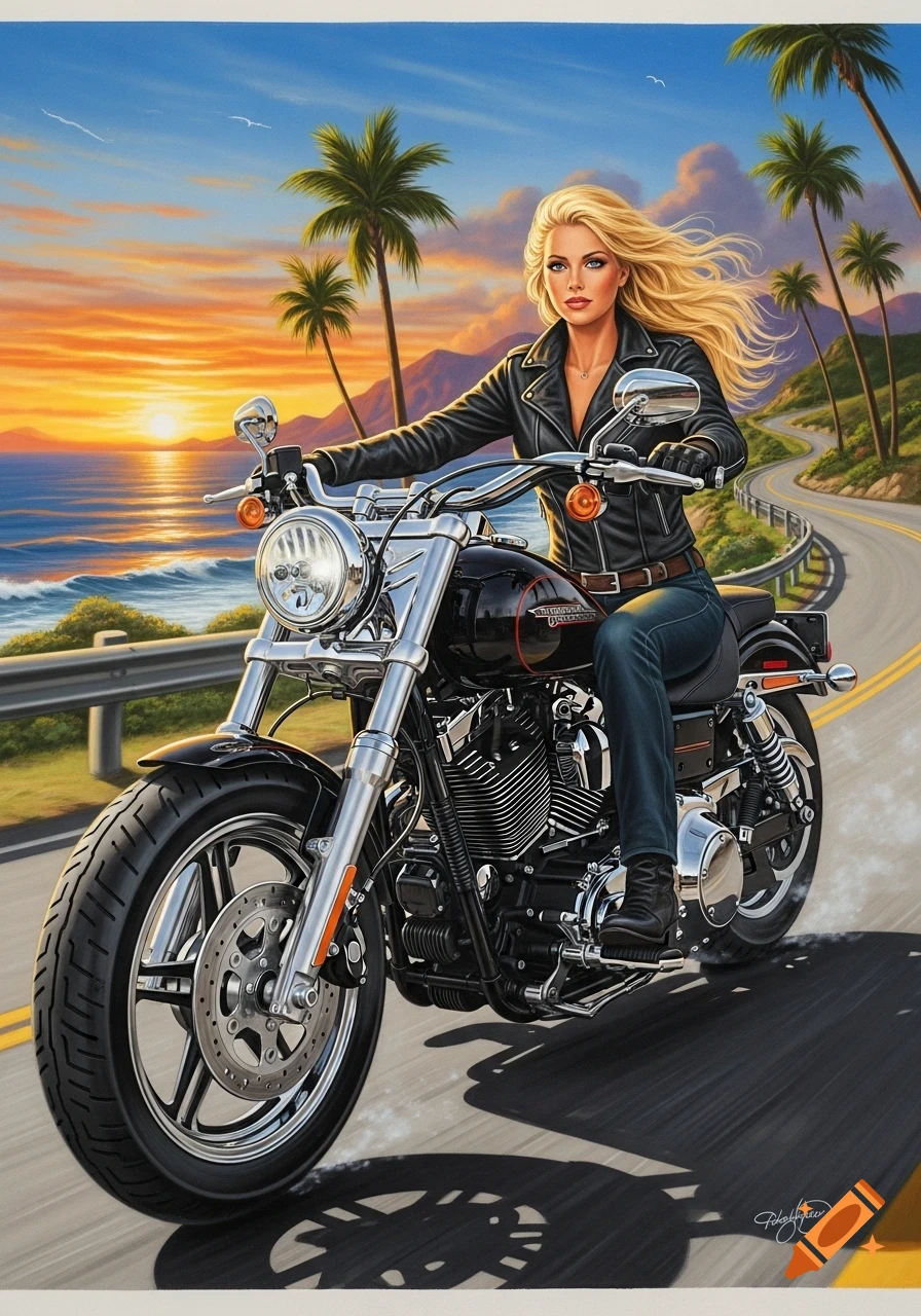 Blonde woman riding a Harley-Davidson motorcycle on a coastal road at sunset, rendered in airbrush style with palm trees and ocean in the background.