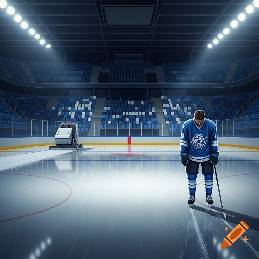 A hockey player in a blue jersey stands on an ice rink with a Zamboni in a dimly lit arena.