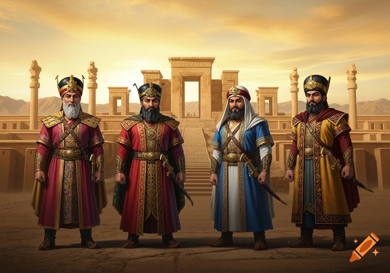 Four men in richly decorated ancient Persian attire stand before desert ruins under a golden sky.