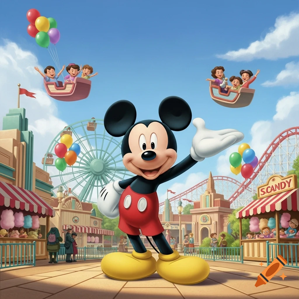 Mickey Mouse waves happily in a colorful amusement park with a Ferris wheel, roller coaster, and flying gondolas with people.