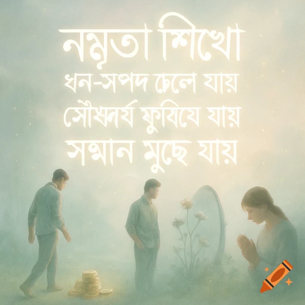 Three hazy figures in a misty, pastel landscape with glowing Bengali text. One walks from coins, one stands by a mirror, one prays.