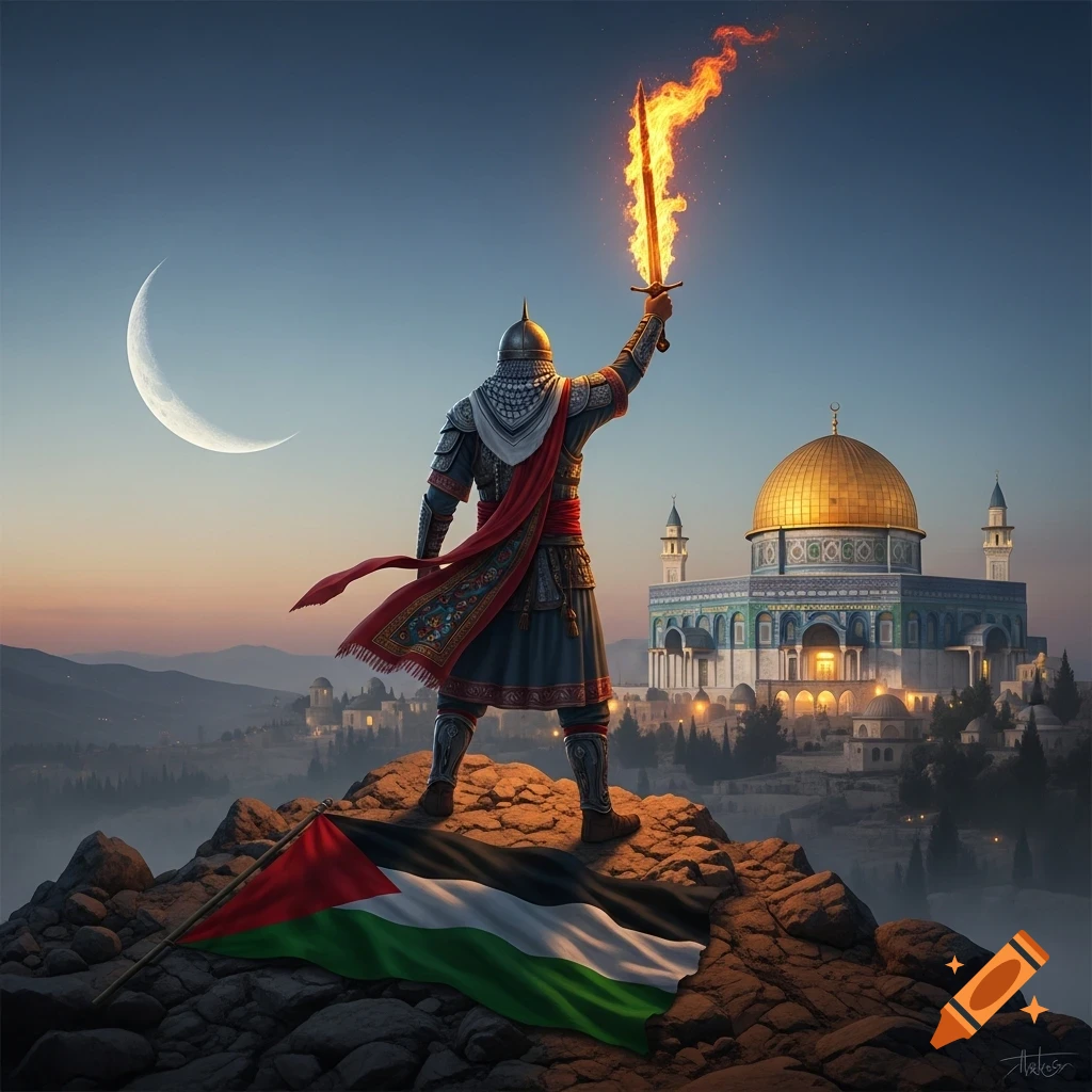 A warrior stands on a rocky mountain, holding a flaming sword high, overlooking a detailed mosque with a golden dome at sunset. A Palestinian flag lies on the ground, and a crescent moon hangs in the sky.