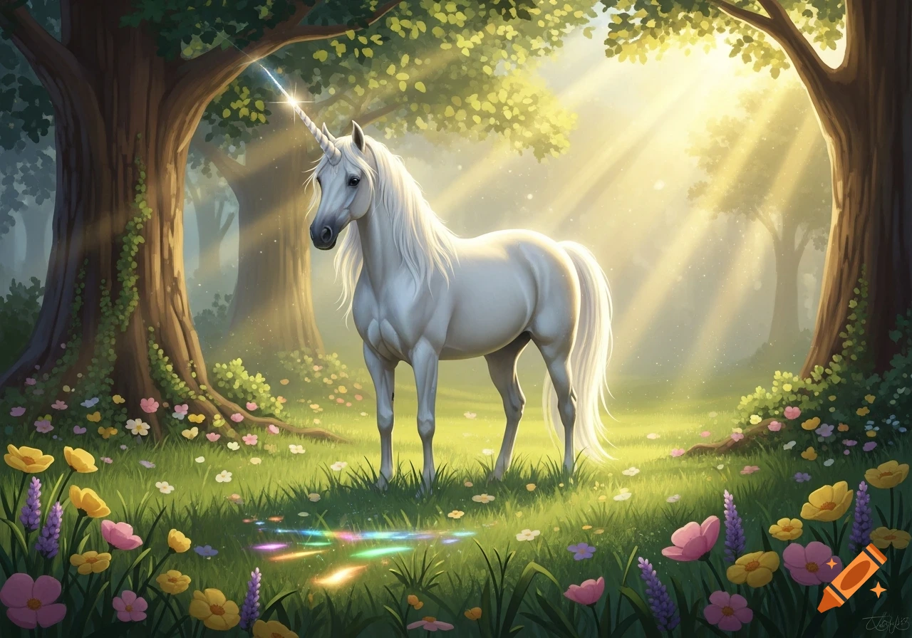 A majestic white unicorn stands in a sunlit, magical forest clearing filled with colorful flowers.