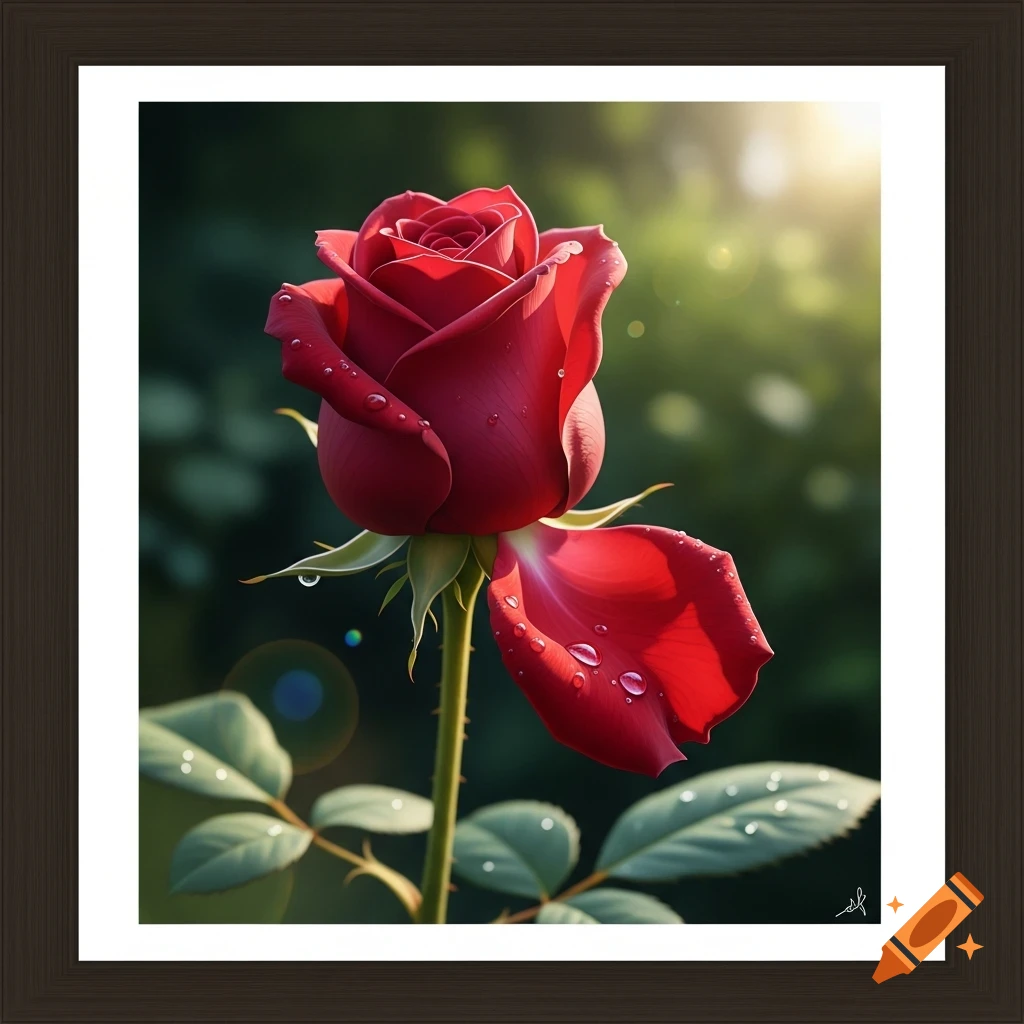 A vibrant red rose with dew drops on its petals, one gently drooping, bathed in soft sunlight against a blurred green background.
