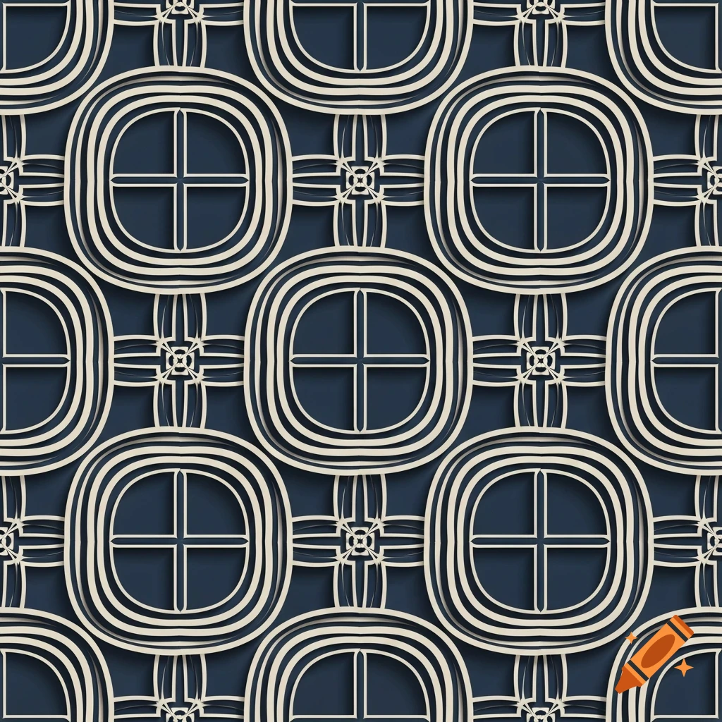 Seamless abstract geometric pattern with rounded square modules and connecting cross shapes, outlined in ivory against a navy background with subtle depth.