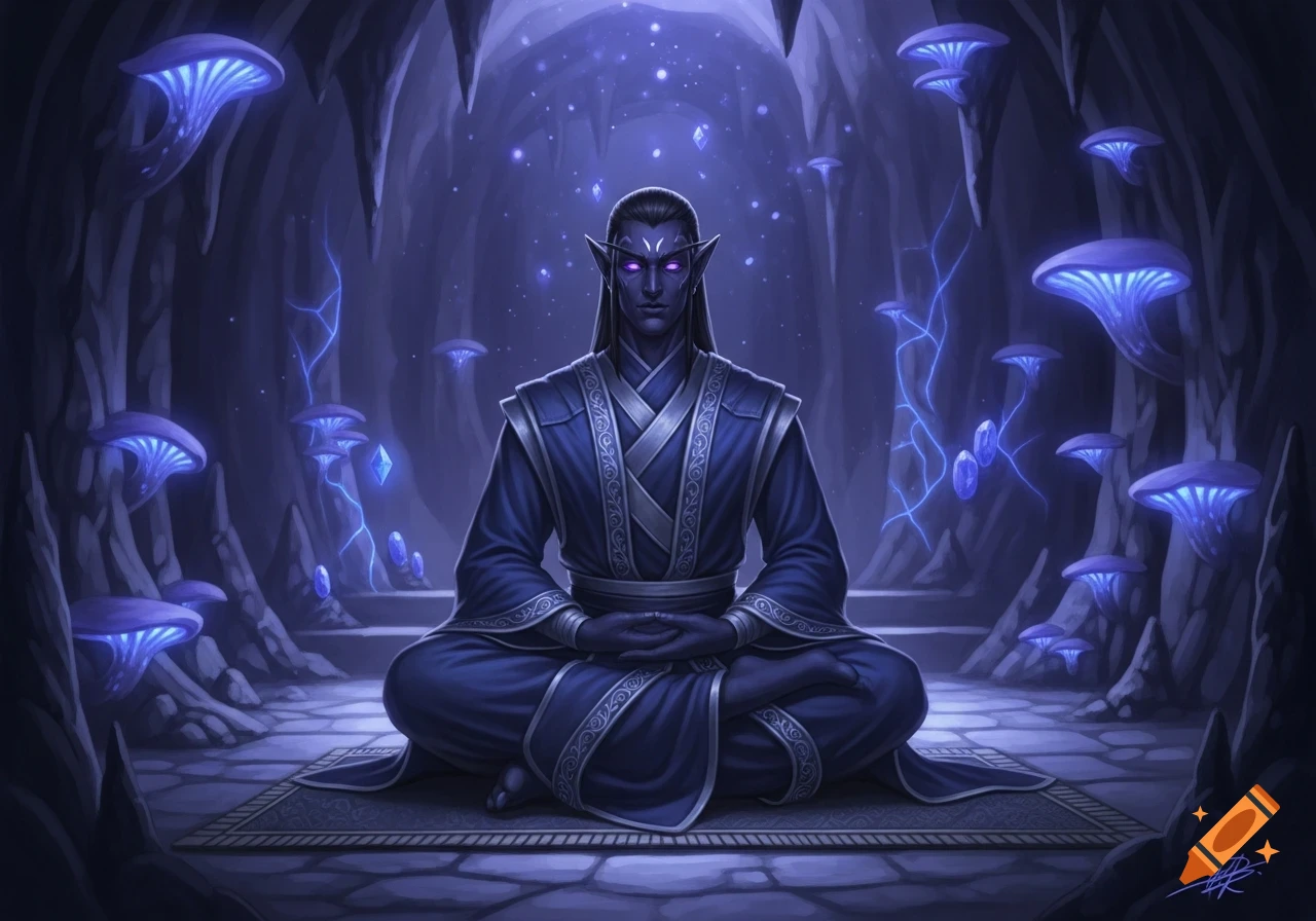 A dark-skinned elf monk with purple eyes and long black hair meditates in a lotus position inside a glowing blue mushroom cave, fantasy art.