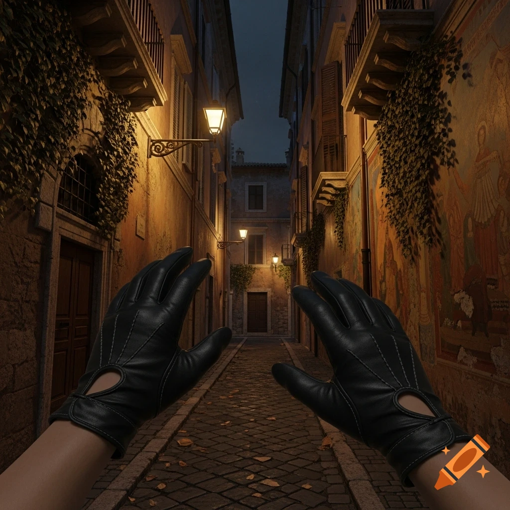 Photorealistic first-person view of hands in black leather gloves in a dark, narrow alley in Rome at night.