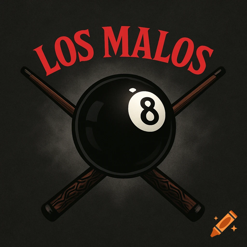 Stylized logo with a black 8-ball, crossed billiard cues, and red text "LOS MALOS" on a dark background.