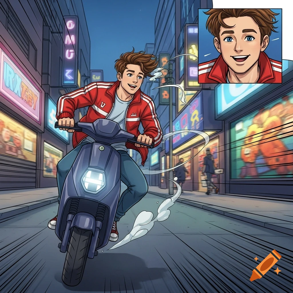 A smiling cartoon teenage boy in a red jacket rides a blue scooter down a city street at night, with a close-up of his face in the top right.