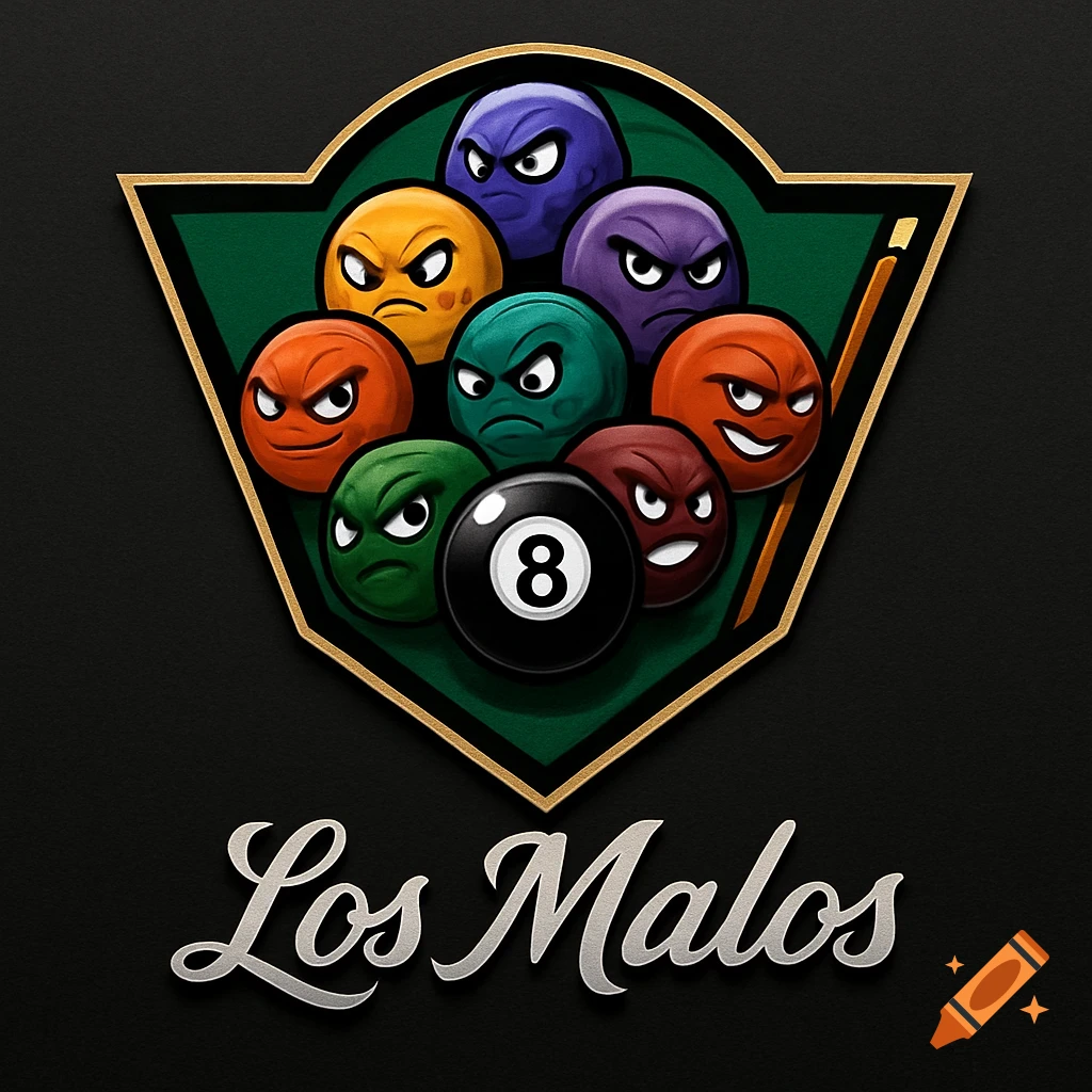 Logo of angry, colorful pool balls with an 8-ball, framed in a green shield with gold border and cue, above 'Los Malos' text.