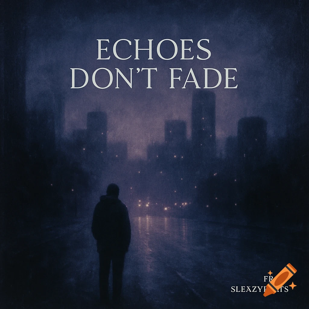 A dark, moody album cover with a silhouetted figure standing on a road looking towards a blurred city skyline with faint lights, featuring the title "ECHOES DON'T FADE" and smaller text "FROD SLEAZYREATS" against a textured blue and purple background.