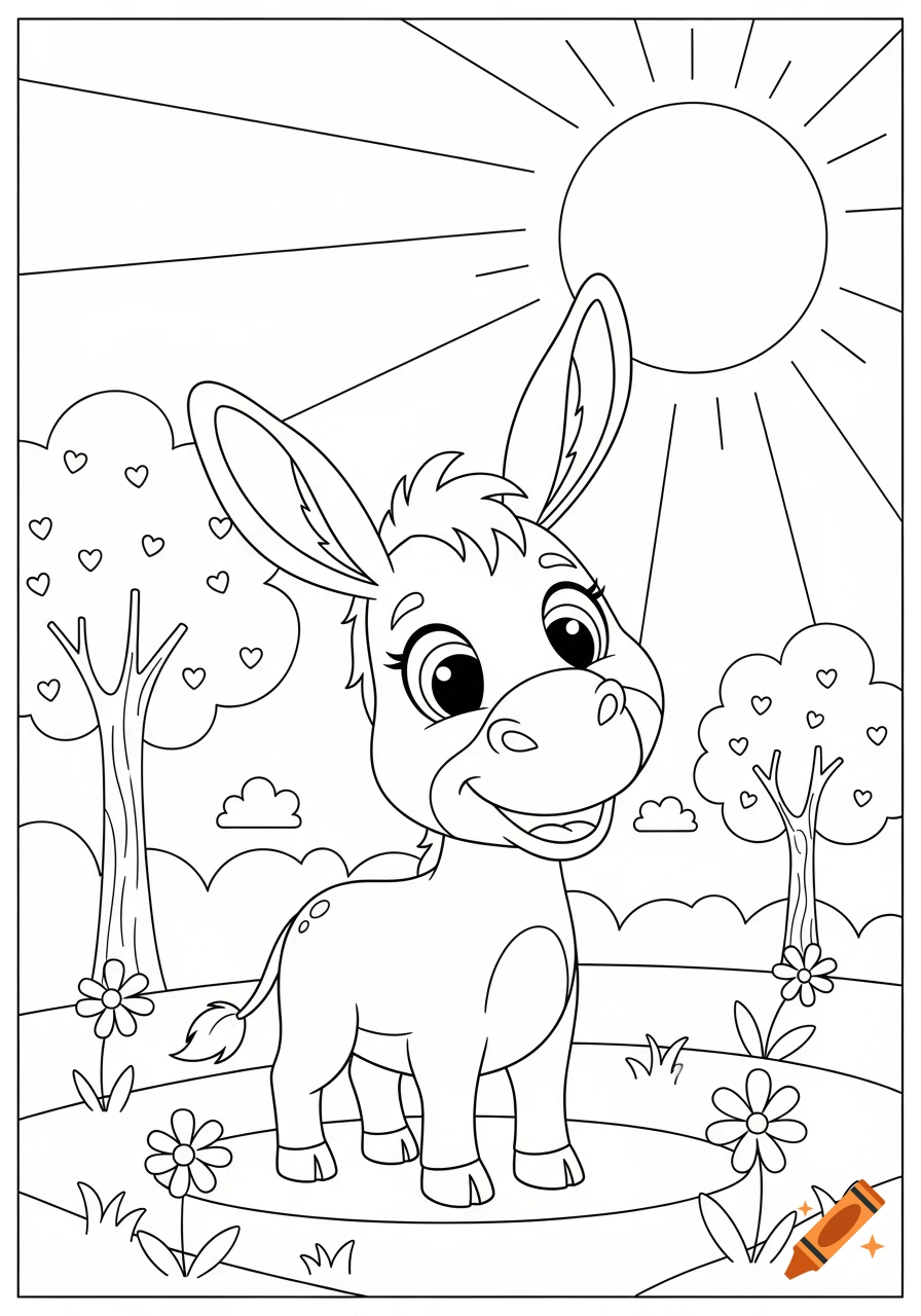 Cute cartoon donkey coloring page in a sunny field with trees and flowers.