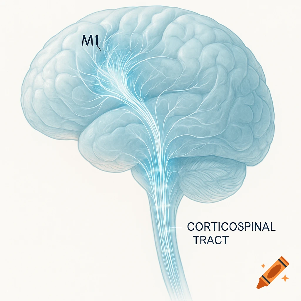 Detailed illustration of a human brain showing the corticospinal tract originating from the M1 sector.