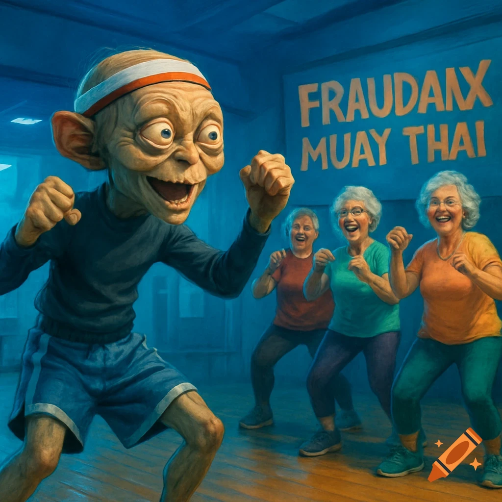 Cartoon Smeagol-like character teaches martial arts to three laughing elderly women in a blue-lit gym with a 'Fraudranx Muay Thai' sign.