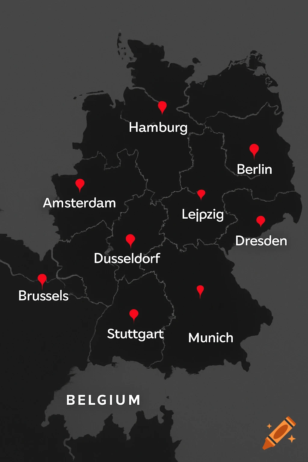 A dark gray map showing Germany, parts of Belgium, and the Netherlands, with black country shapes outlined in white. Red pins mark cities like Hamburg, Berlin, Amsterdam, Leipzig, Dresden, Dusseldorf, Brussels, Stuttgart, and Munich. The country 'BELGIUM' is also labeled.