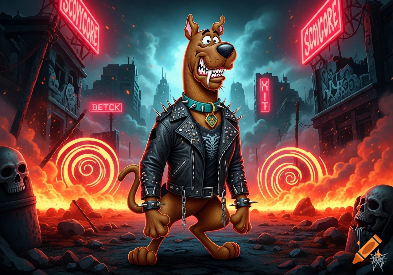 Scooby-Doo as a punk rocker in a spiked leather jacket and collar, standing in a dark, fiery, apocalyptic city with neon signs and skulls.