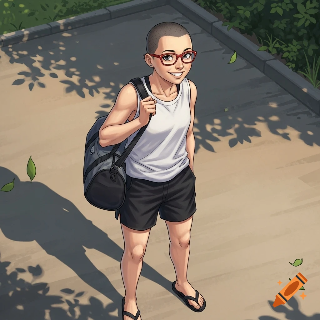 Anime-styled person with a buzz cut and red glasses, smiling and carrying a duffel bag, standing on a sunny paved path.