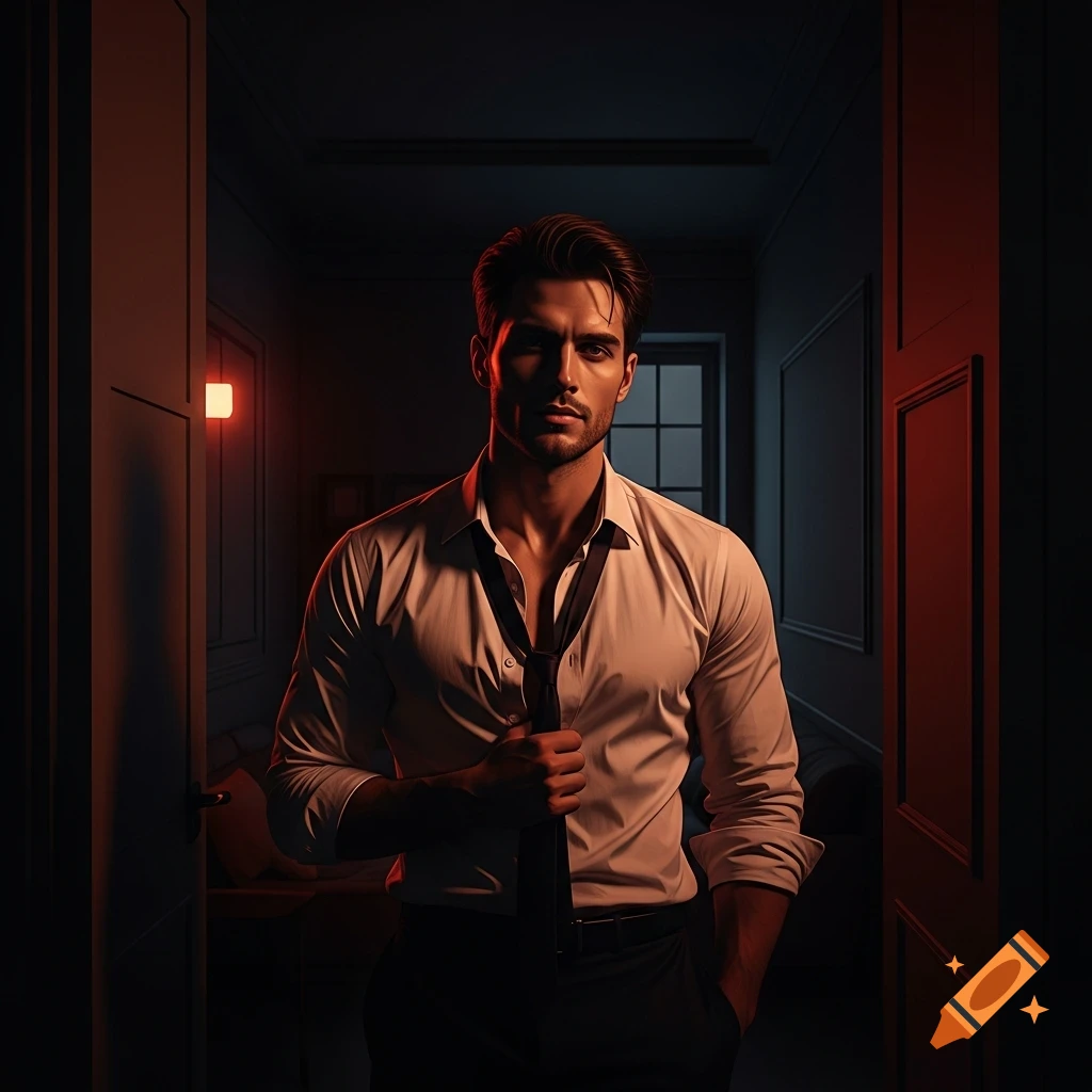 Man in an unbuttoned white shirt and loosened tie stands in a dimly lit, dark room with red light, looking intently at the camera.