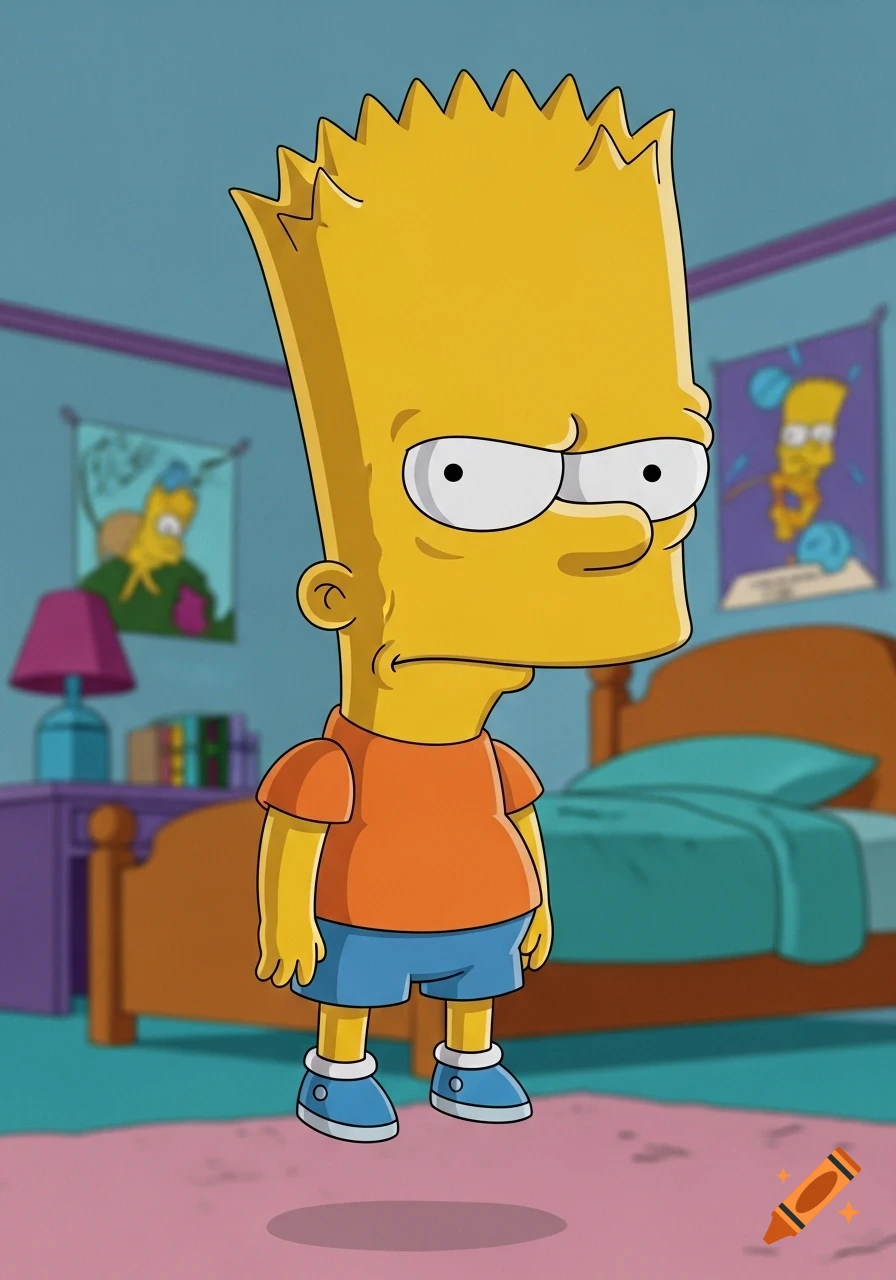 Bart Simpson with an elongated, bulbous head and a stern expression, levitating in his cartoon-style bedroom.