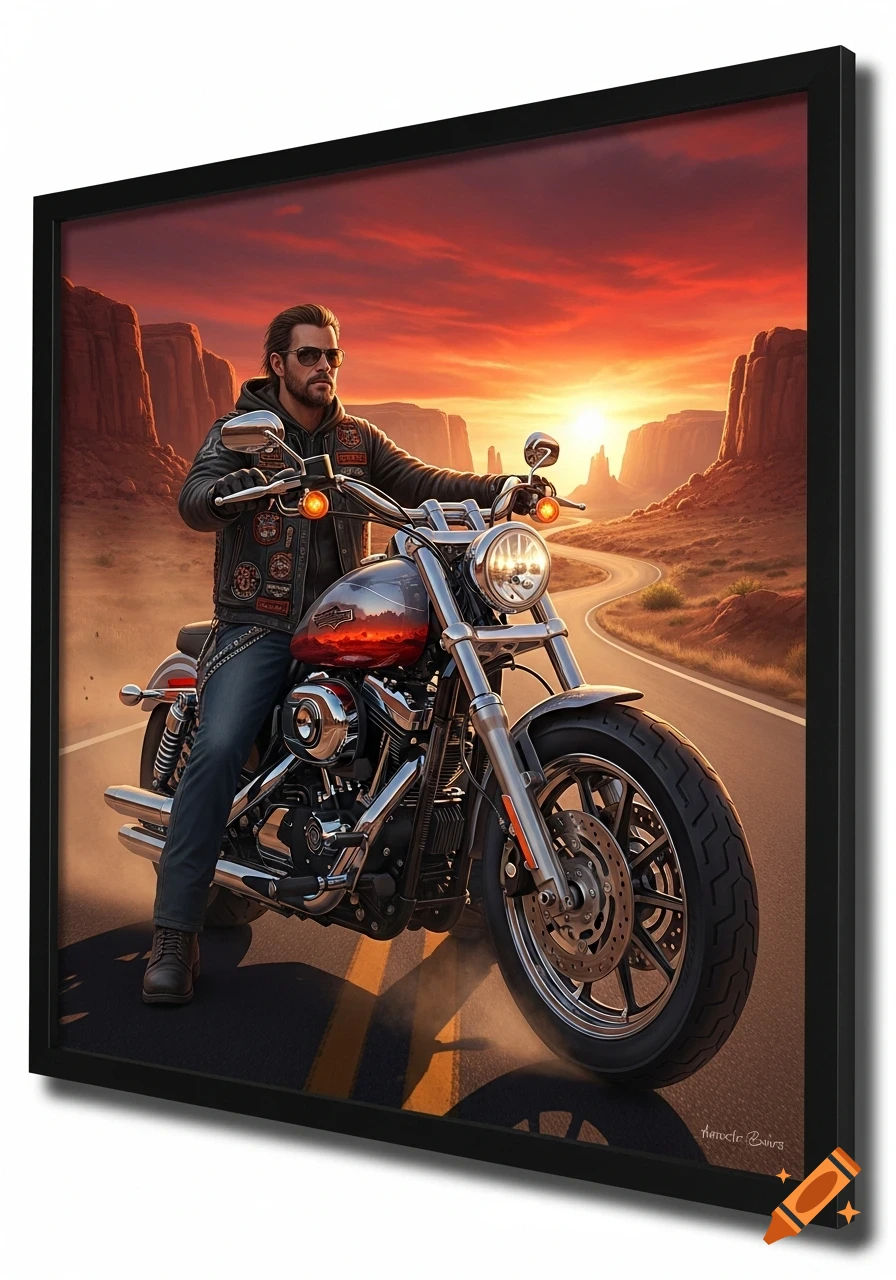 Photorealistic image of a rugged man in a leather jacket riding a motorcycle down a winding desert road at sunset.