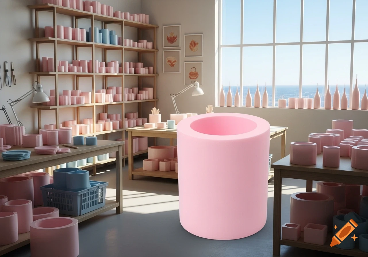 A soft pink silicone candle mold prominently displayed in a sunlit workshop, surrounded by shelves and tables with other pastel molds, with a window overlooking the ocean.
