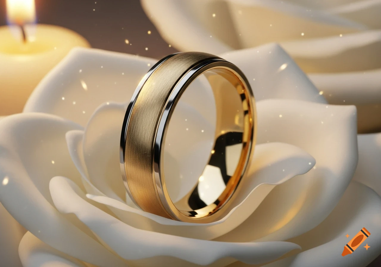 A brushed gold wedding ring rests on a white rose petal, with a glowing candle in the soft background.