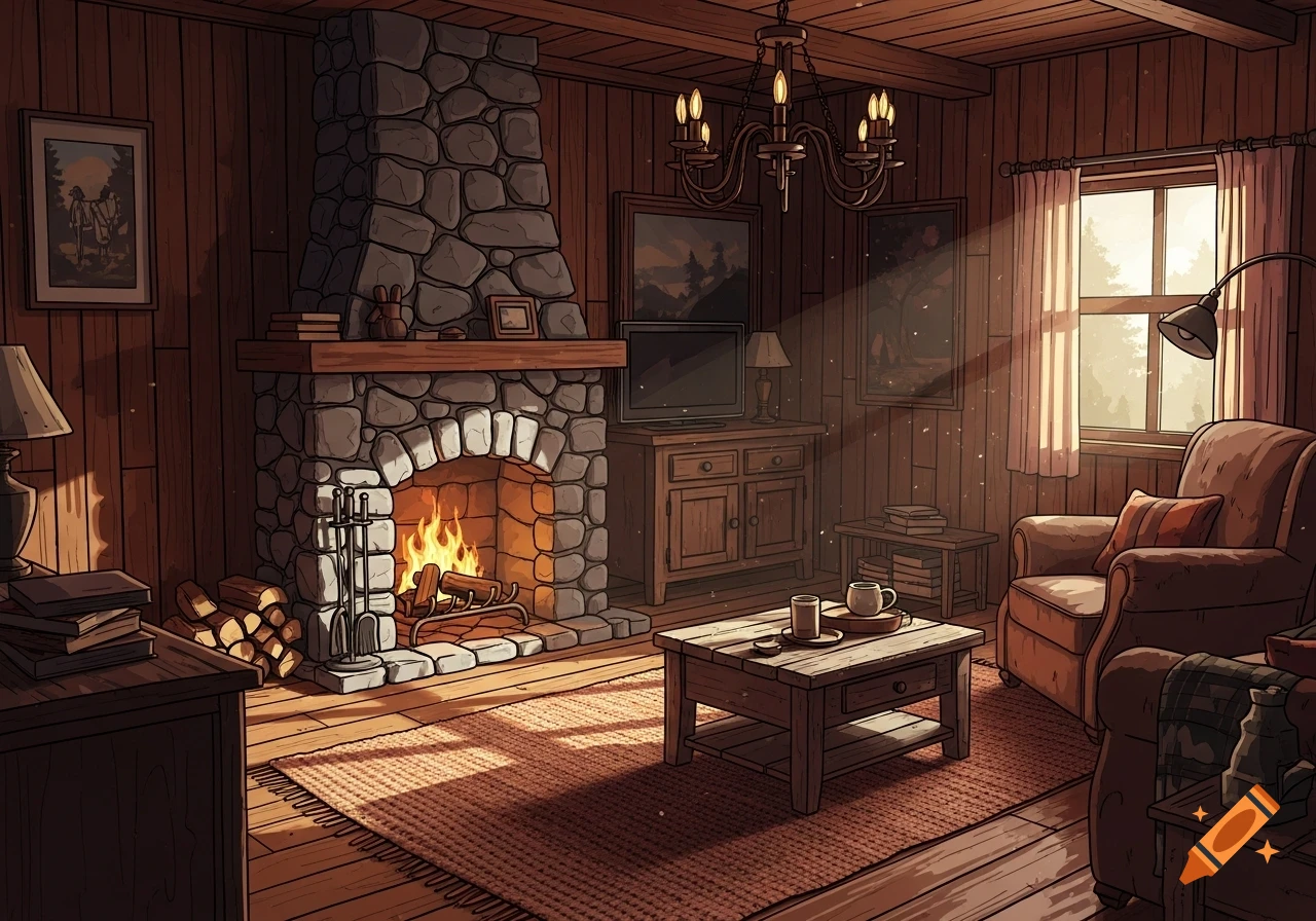 A cozy cell-shaded cabin living room with a stone fireplace, wood paneling, a large window, and warm sunlight.