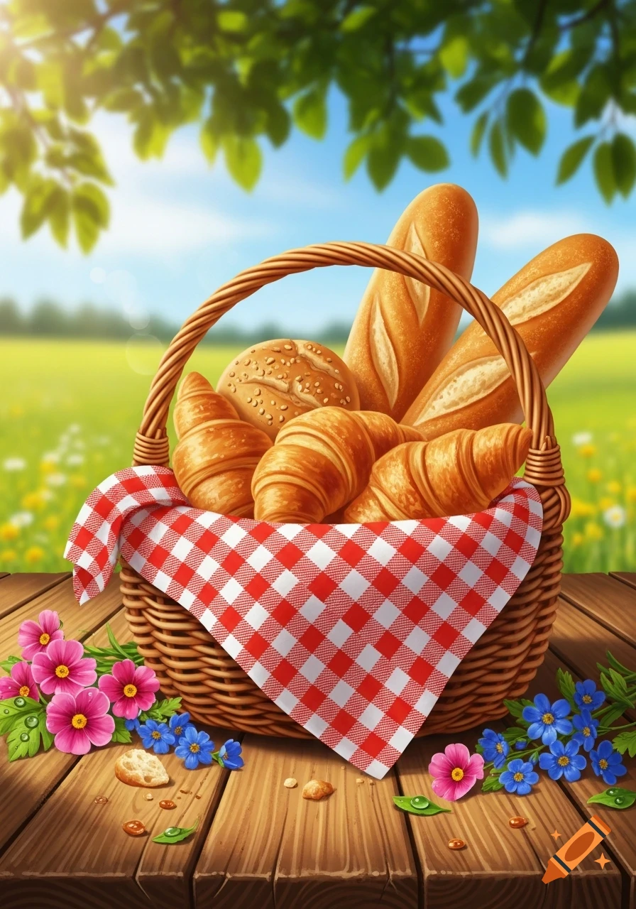 Stylized illustration of a picnic basket with baguettes, croissants, and a bun on a wooden table outdoors under a sunny sky.