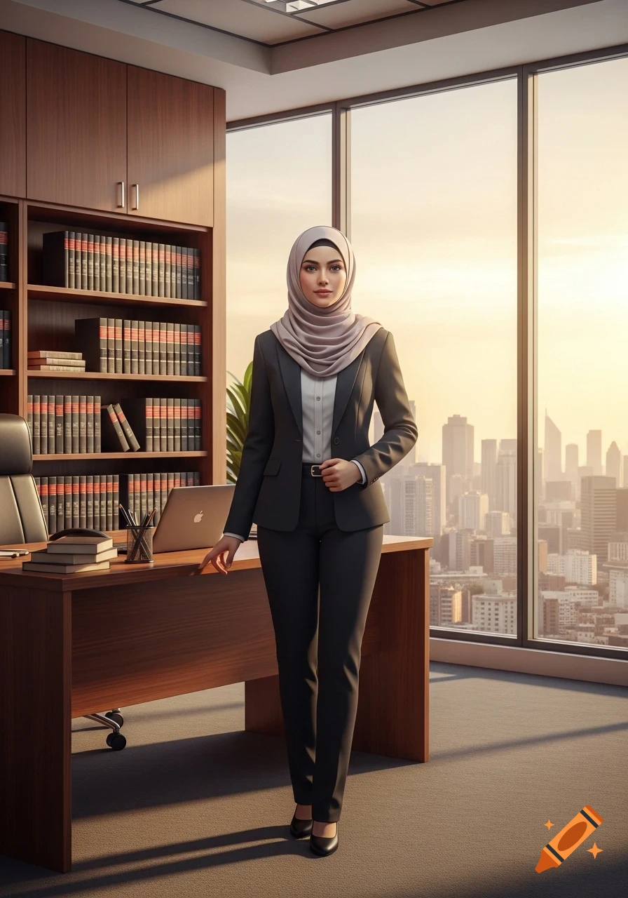 Photorealistic image of a confident Muslim woman lawyer in a suit and hijab in a modern office with a city view.